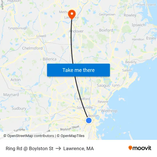 Ring Rd @ Boylston St to Lawrence, MA map