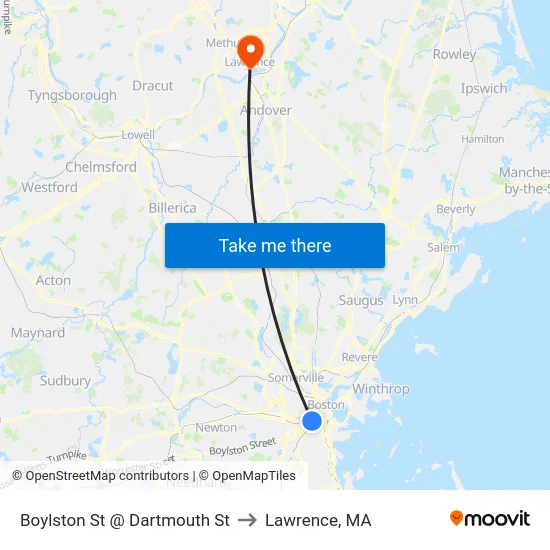 Boylston St @ Dartmouth St to Lawrence, MA map