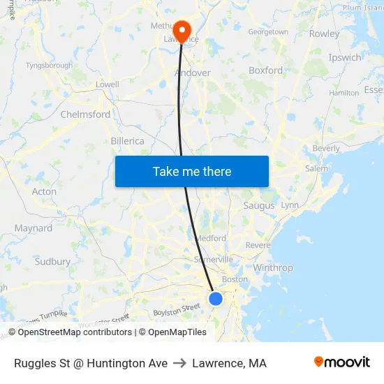 Ruggles St @ Huntington Ave to Lawrence, MA map