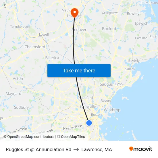 Ruggles St @ Annunciation Rd to Lawrence, MA map