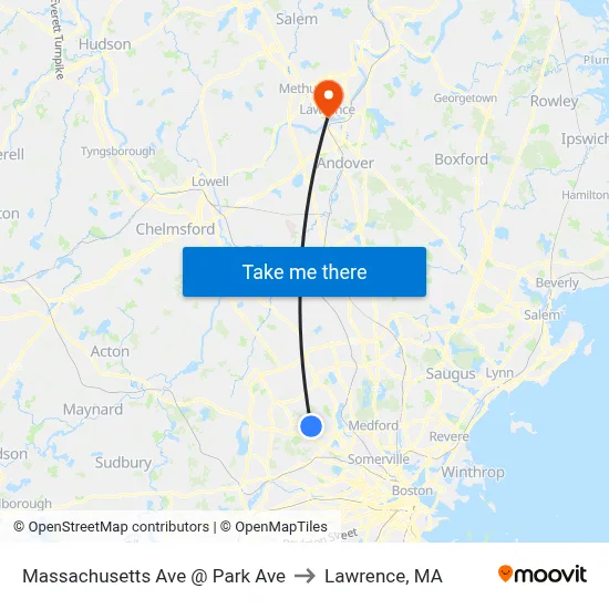 Massachusetts Ave @ Park Ave to Lawrence, MA map