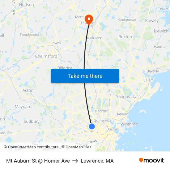 Mt Auburn St @ Homer Ave to Lawrence, MA map