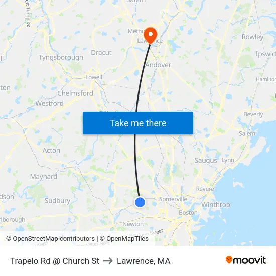 Trapelo Rd @ Church St to Lawrence, MA map