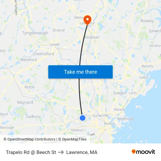 Trapelo Rd @ Beech St to Lawrence, MA map