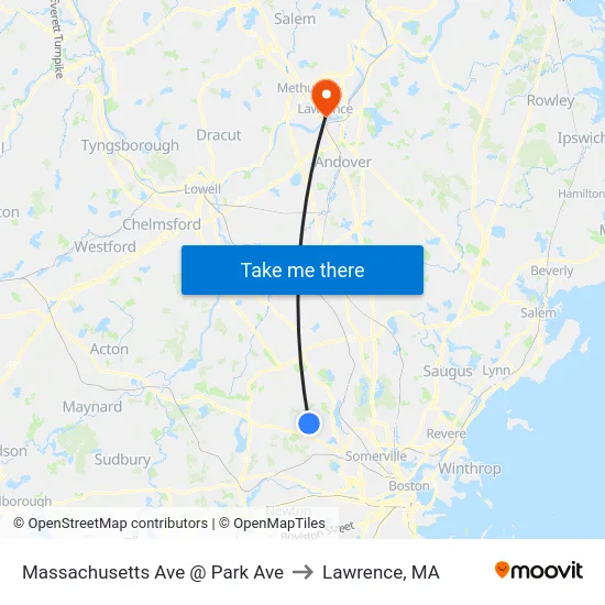 Massachusetts Ave @ Park Ave to Lawrence, MA map