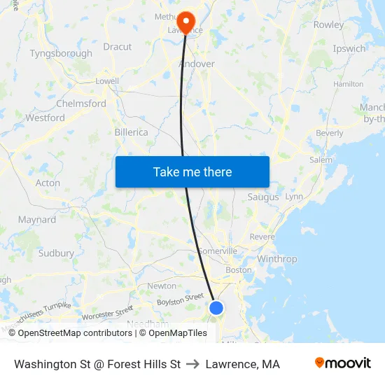 Washington St @ Forest Hills St to Lawrence, MA map