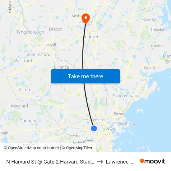 N Harvard St @ Gate 2 Harvard Stadium to Lawrence, MA map