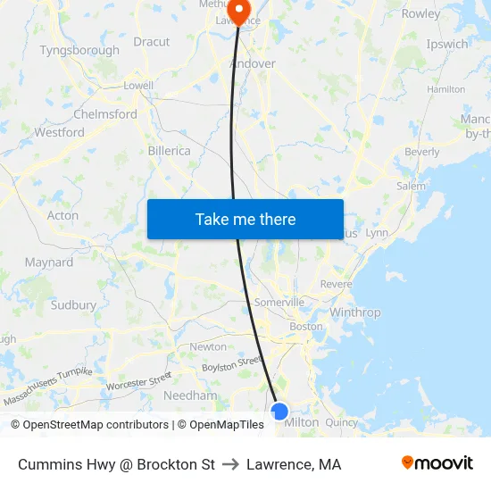 Cummins Hwy @ Brockton St to Lawrence, MA map