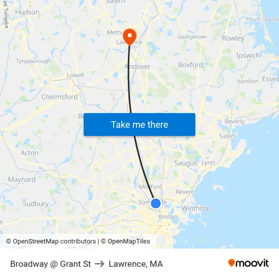 Broadway @ Grant St to Lawrence, MA map