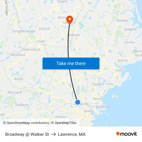 Broadway @ Walker St to Lawrence, MA map