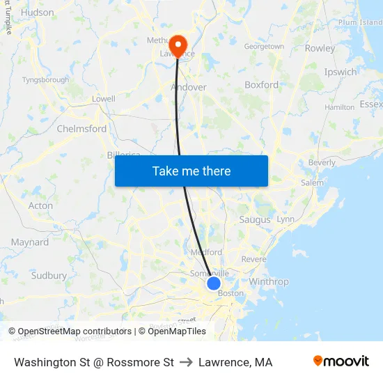 Washington St @ Rossmore St to Lawrence, MA map