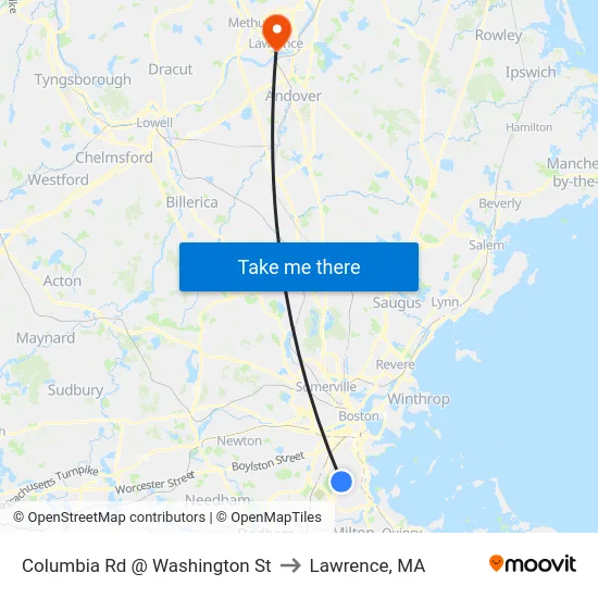 Columbia Rd @ Washington St to Lawrence, MA map