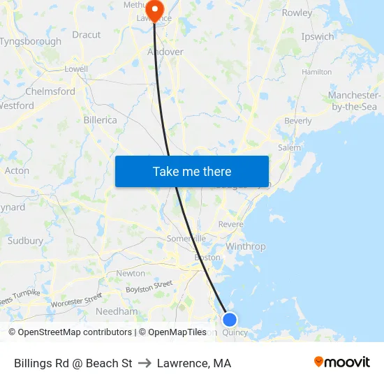 Billings Rd @ Beach St to Lawrence, MA map