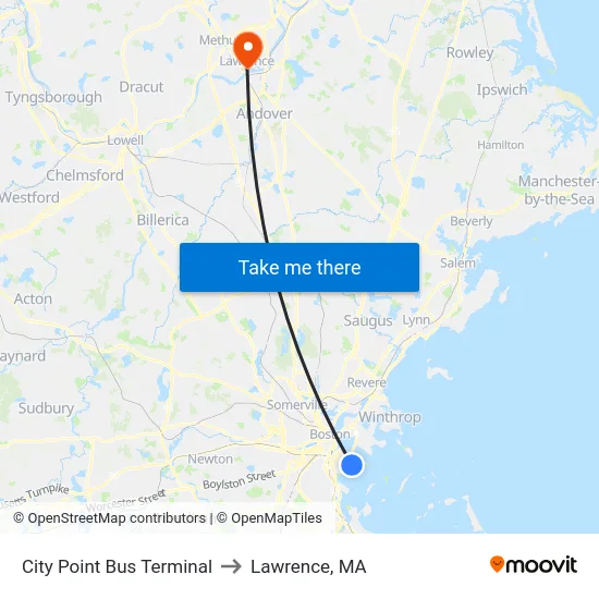 City Point Bus Terminal to Lawrence, MA map