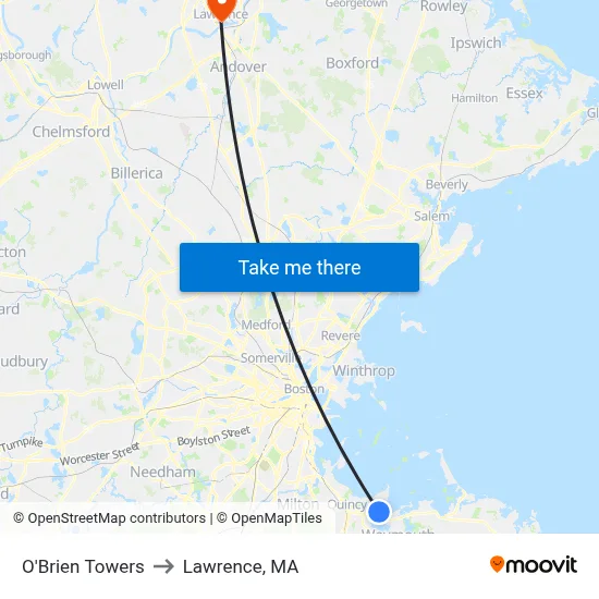 O'Brien Towers to Lawrence, MA map