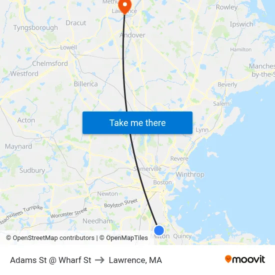 Adams St @ Wharf St to Lawrence, MA map