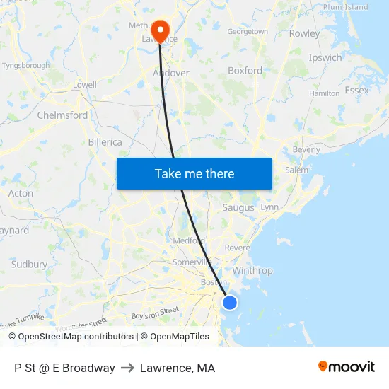 P St @ E Broadway to Lawrence, MA map