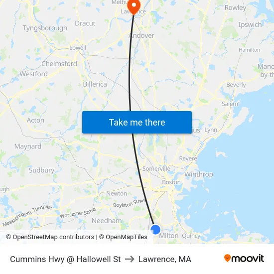 Cummins Hwy @ Hallowell St to Lawrence, MA map