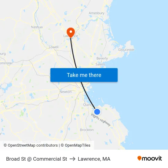 Broad St @ Commercial St to Lawrence, MA map