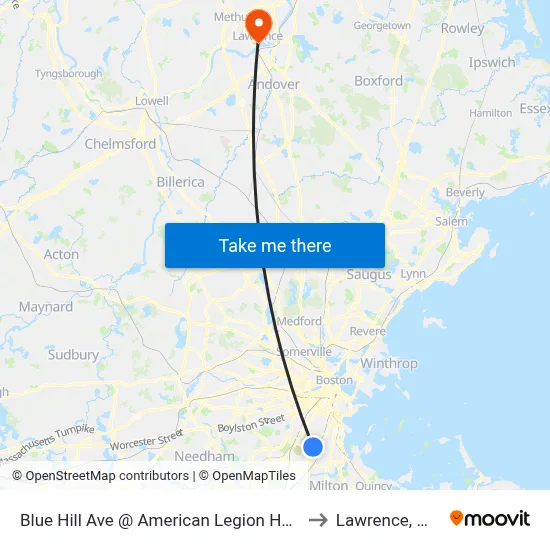 Blue Hill Ave @ American Legion Hwy to Lawrence, MA map