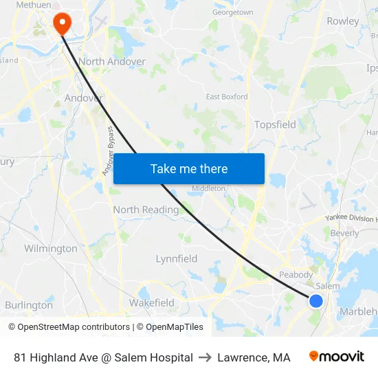 81 Highland Ave @ Salem Hospital to Lawrence, MA map