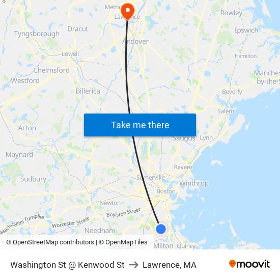 Washington St @ Kenwood St to Lawrence, MA map