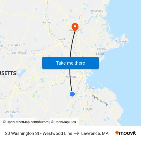 20 Washington St - Westwood Line to Lawrence, MA map