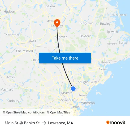Main St @ Banks St to Lawrence, MA map