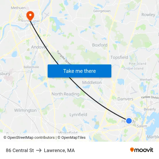 86 Central St to Lawrence, MA map