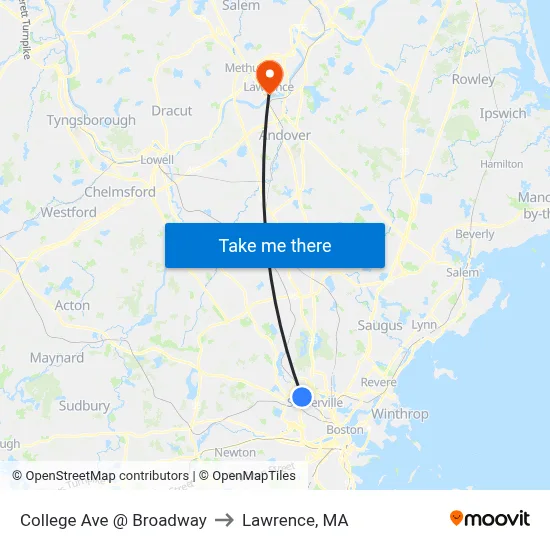 College Ave @ Broadway to Lawrence, MA map