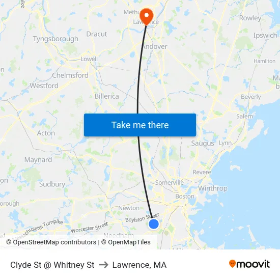 Clyde St @ Whitney St to Lawrence, MA map