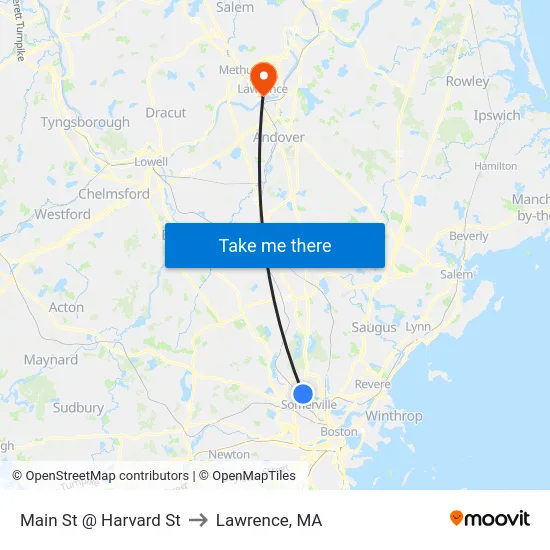 Main St @ Harvard St to Lawrence, MA map