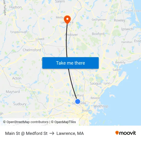 Main St @ Medford St to Lawrence, MA map
