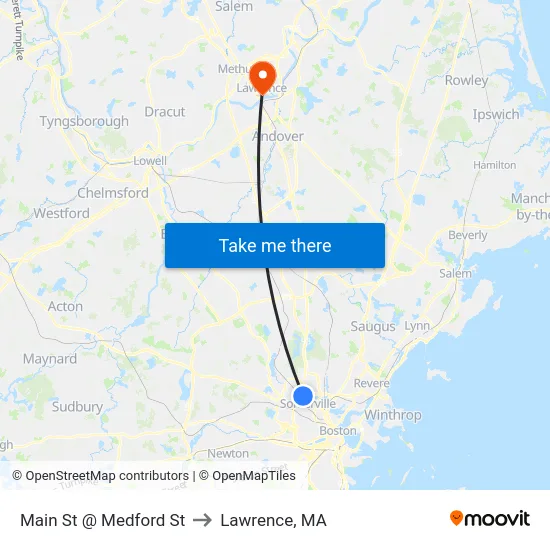 Main St @ Medford St to Lawrence, MA map