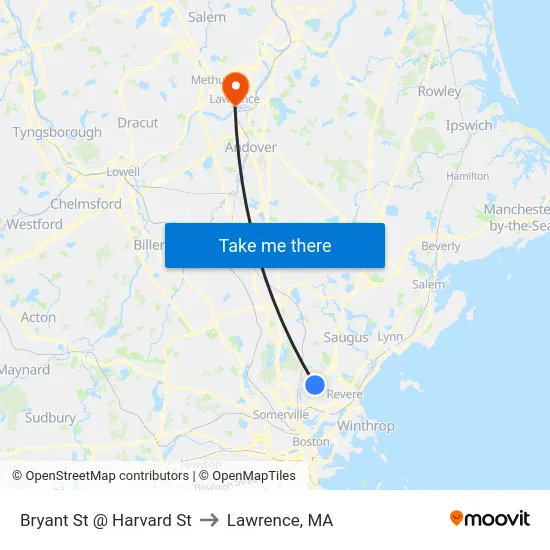 Bryant St @ Harvard St to Lawrence, MA map