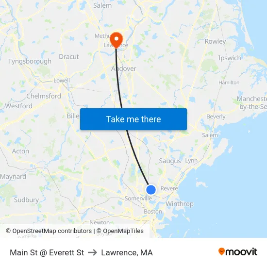 Main St @ Everett St to Lawrence, MA map