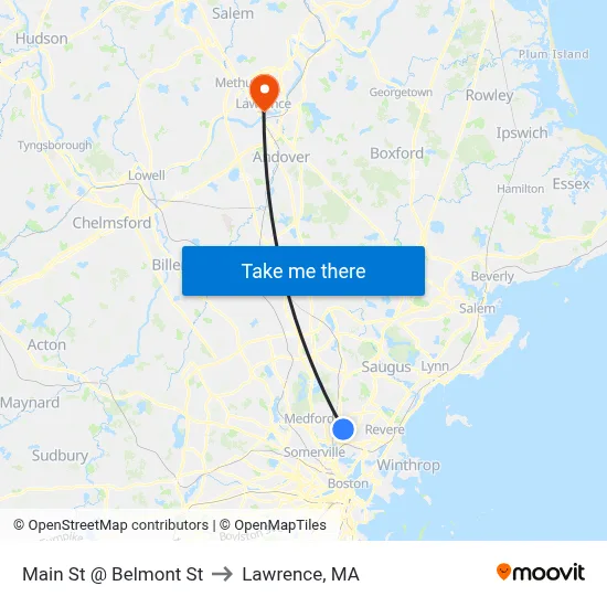 Main St @ Belmont St to Lawrence, MA map