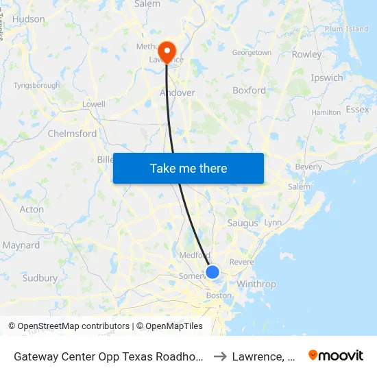 Gateway Center Opp Texas Roadhouse to Lawrence, MA map