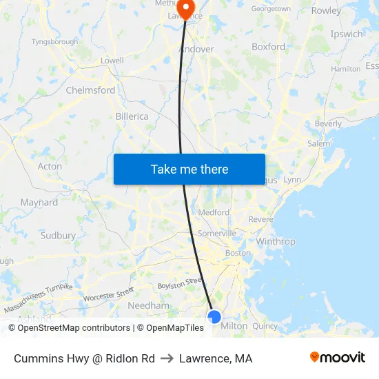 Cummins Hwy @ Ridlon Rd to Lawrence, MA map
