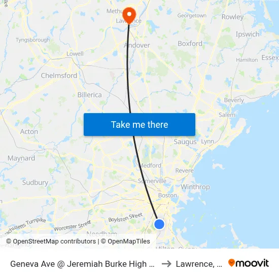Geneva Ave @ Jeremiah Burke High School to Lawrence, MA map