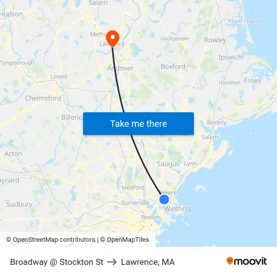 Broadway @ Stockton St to Lawrence, MA map