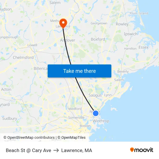 Beach St @ Cary Ave to Lawrence, MA map