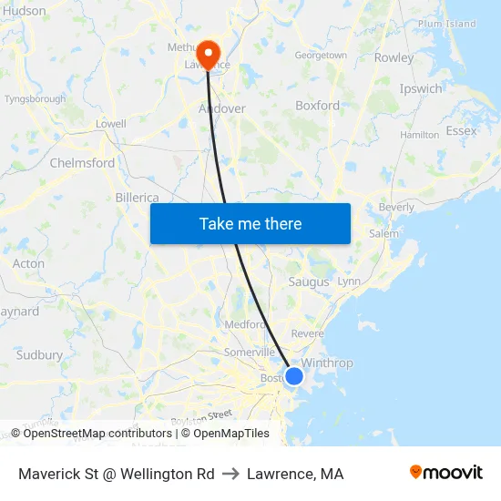 Maverick St @ Wellington Rd to Lawrence, MA map