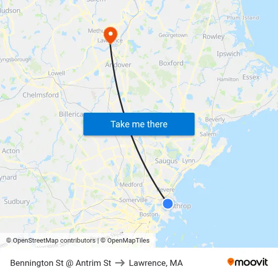 Bennington St @ Antrim St to Lawrence, MA map