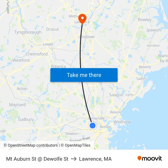 Mt Auburn St @ Dewolfe St to Lawrence, MA map