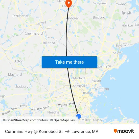 Cummins Hwy @ Kennebec St to Lawrence, MA map