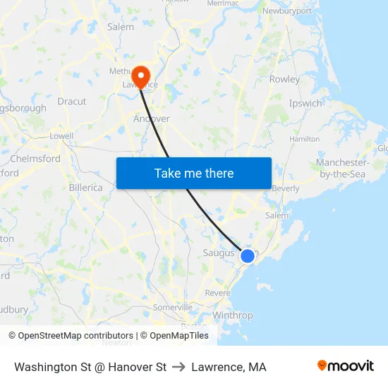 Washington St @ Hanover St to Lawrence, MA map