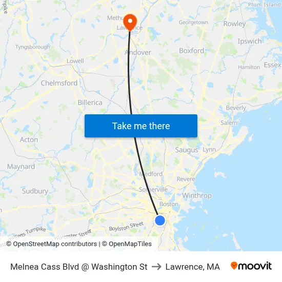 Melnea Cass Blvd @ Washington St to Lawrence, MA map