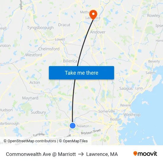 Commonwealth Ave @ Marriott to Lawrence, MA map