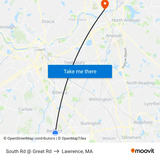 South Rd @ Great Rd to Lawrence, MA map